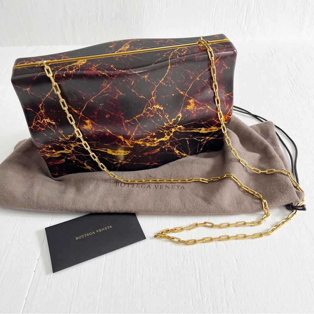 Bottega Veneta Spazzolato Leather Marble Clutch Chainlink Bag NWT Brown Gold